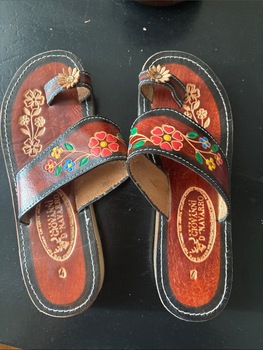 Hand-Painted Brown Leather Floral Slide Sandals